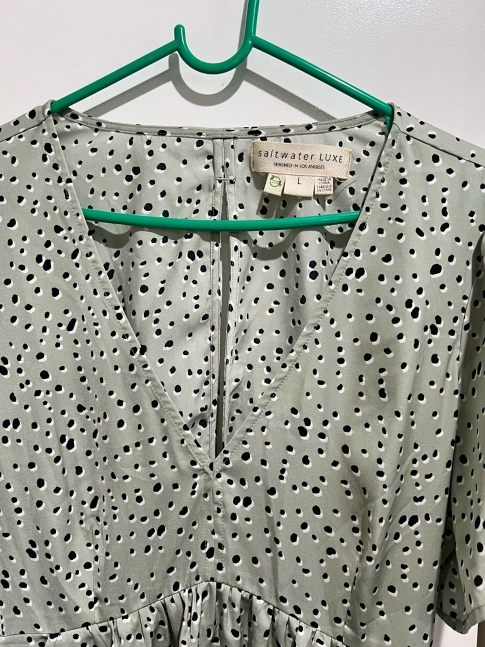 saltwater LUXE Sage Green Polka Dot V-Neck Mini Dress - Picture 3 of 5